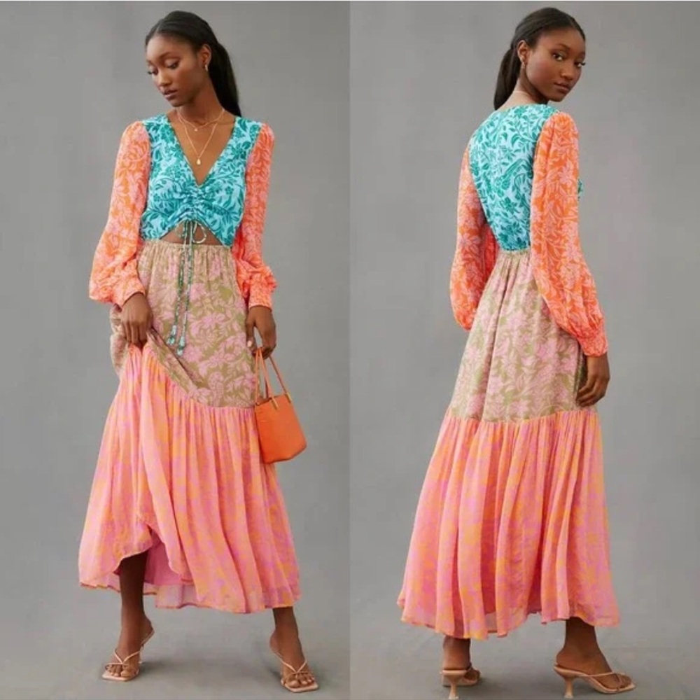 FARM Rio Multicolor Floral Tiered Maxi Dress - Teal, Coral, Pink